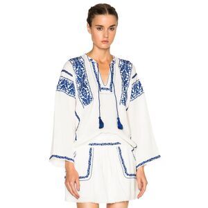 Isabel Marant Etoile Vince Ethnic Embroidery Blouse Tunic White Blue Greece 40 M
